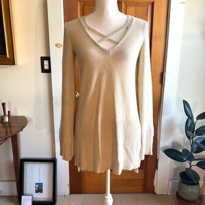 Free People Cream Cross Knit Tunic Sweater